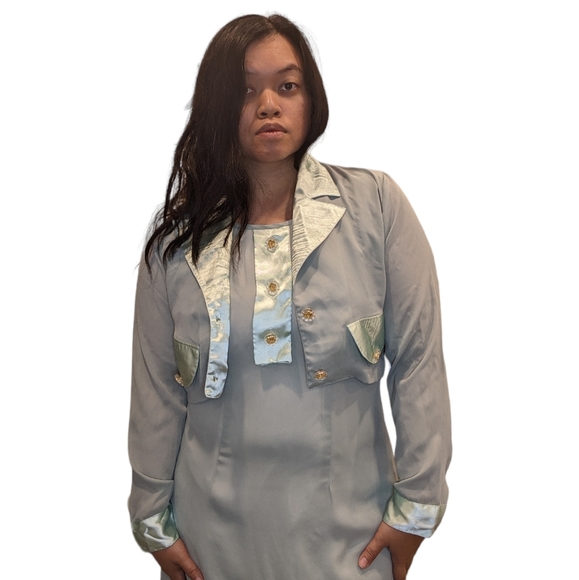 Vintage 90s Diva Sage Green Maxi Dress and Bolero Set Gold Buttons Size S/M - Picture 2 of 11